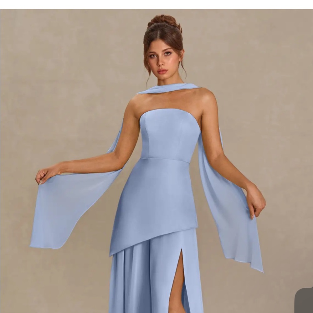 Azazie Light Blue One-Shoulder Evening Gown with Draped Scarf